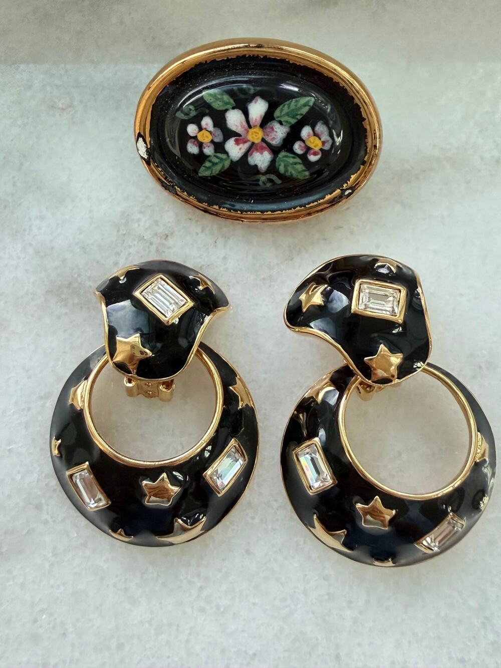 Vintage Celestial Doorknocker Earrings unsigned and Hand-Painted Floral Brooch